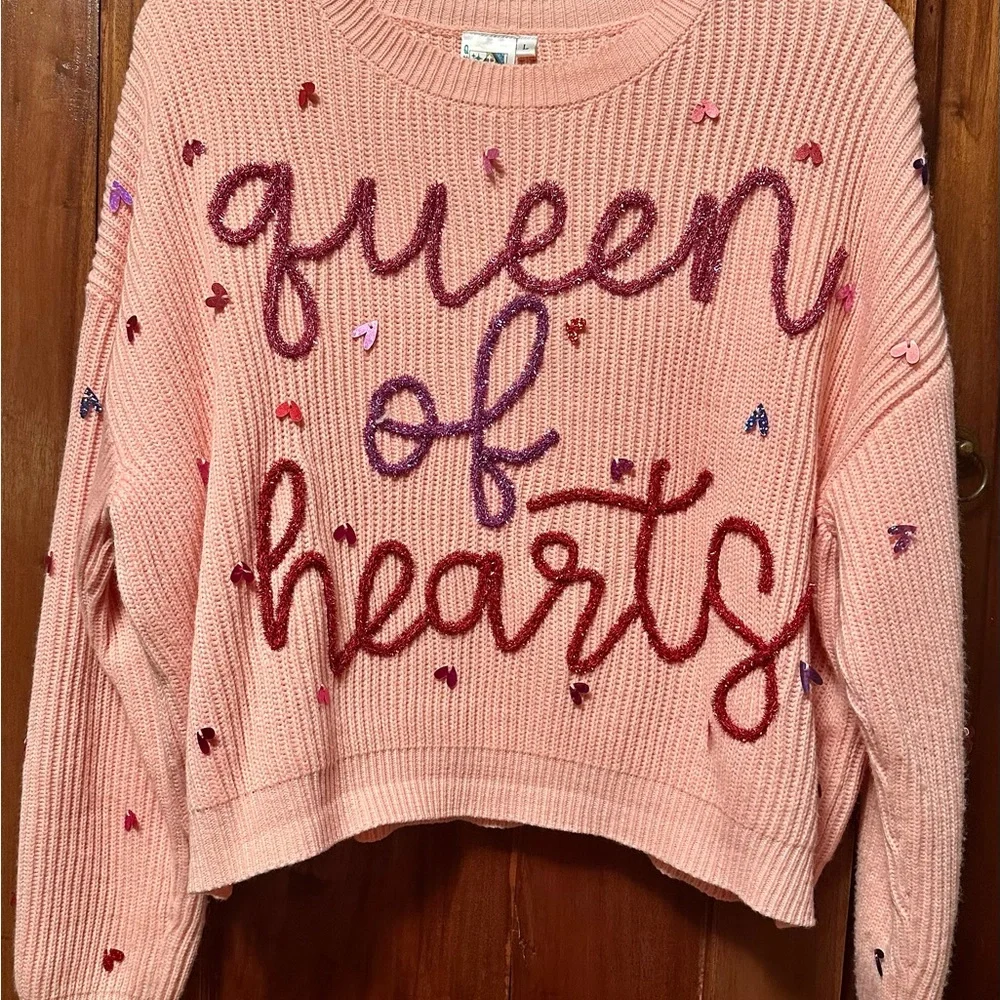 Queen of Sparkles Queen of Hearts Pink Valentine Sweater L - Picture 2 of 4